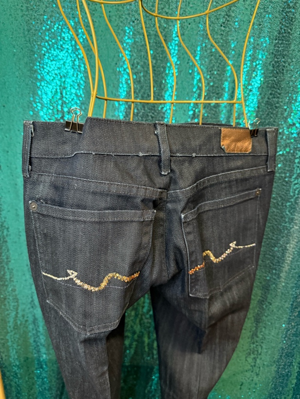 7 For All Mankind Dark Indigo Straight Leg Jeans with crystal pockets.